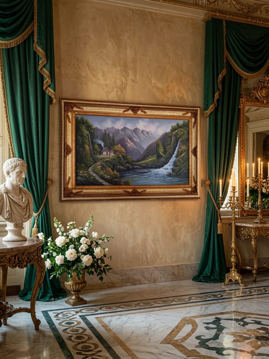 Pintura Original al Oleo – Cabaña entre Montañas y Lago por R. Boren 🖌️🎨