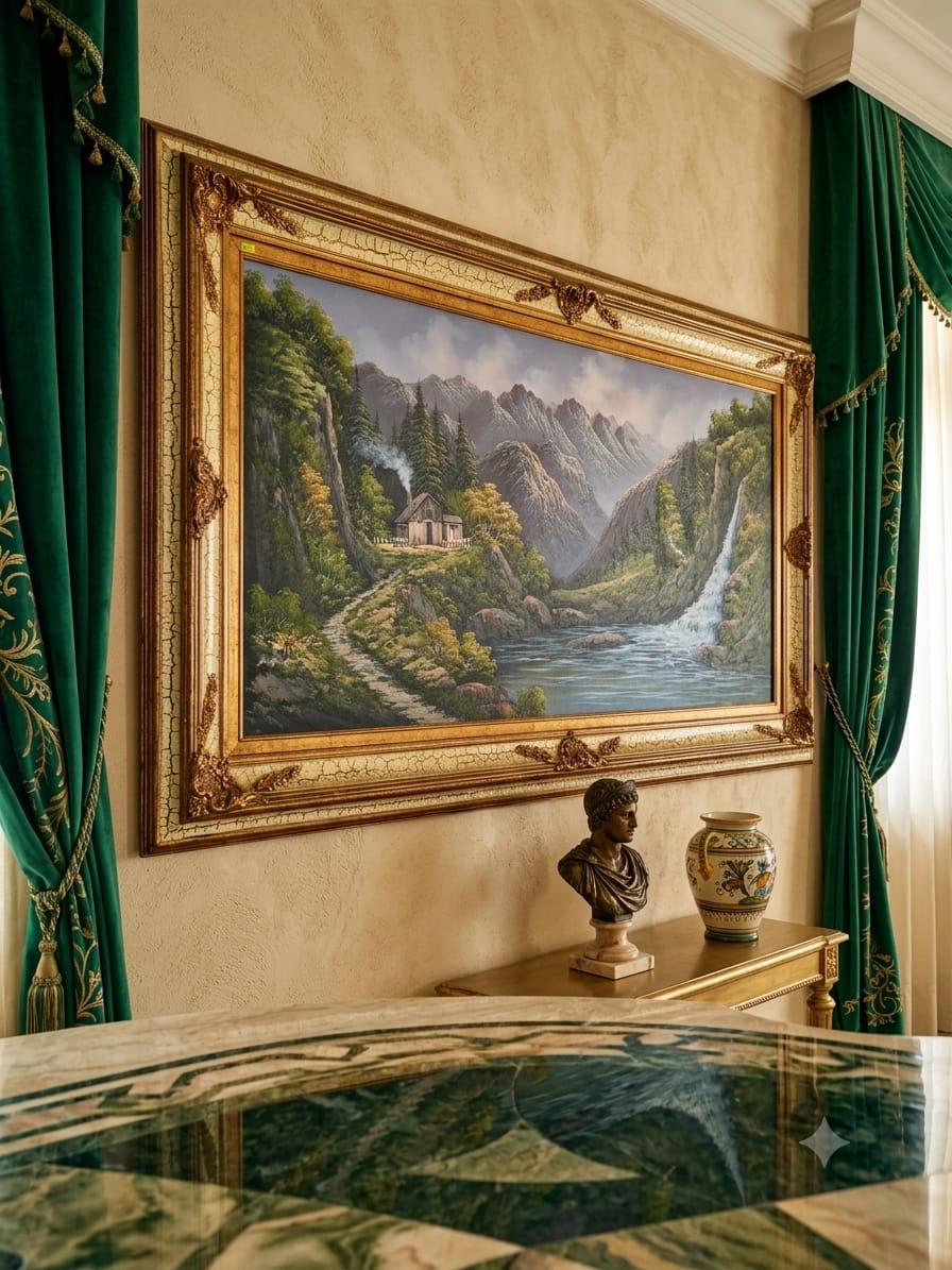 Pintura Original al Oleo – Cabaña entre Montañas y Lago por R. Boren 🖌️🎨