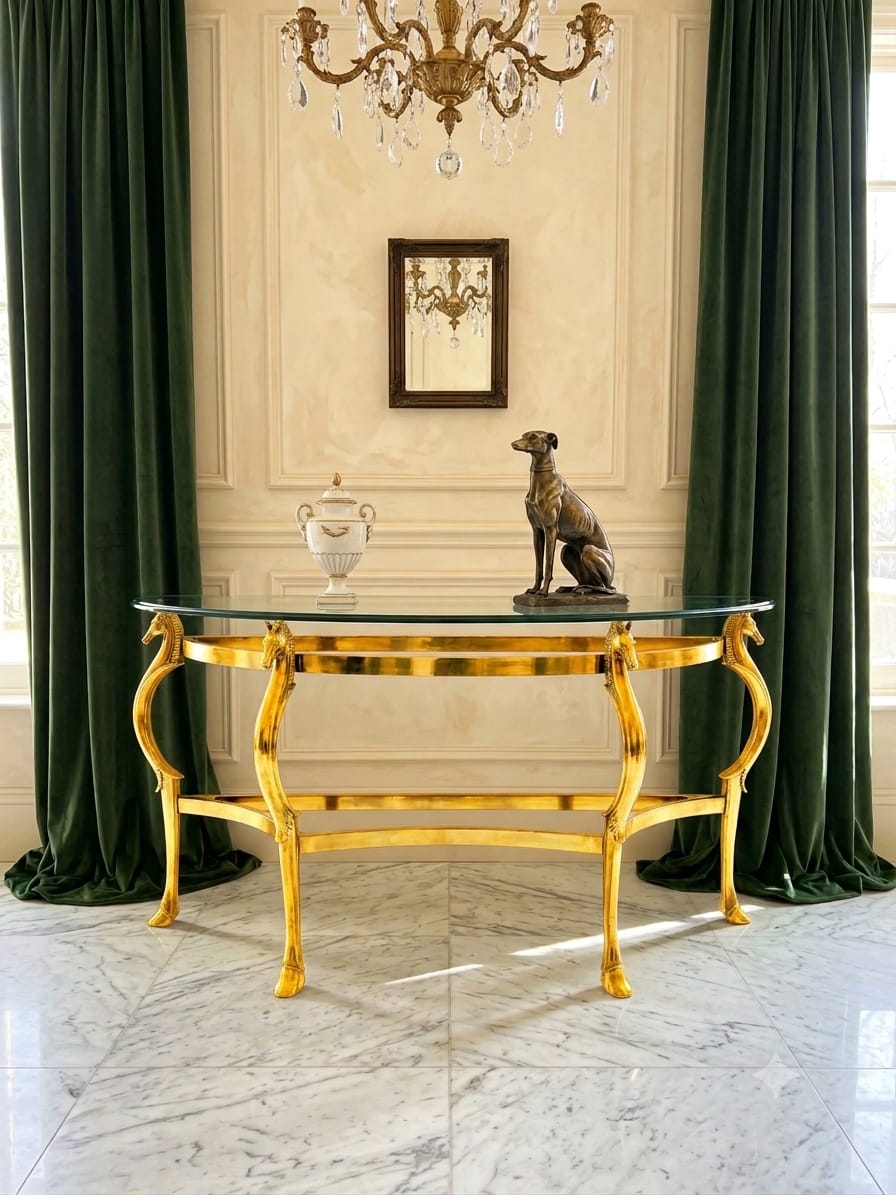 Hollywood Regency Polished Bronze Seahorse Demilune Italian Credenza 🌿🏛️🌿