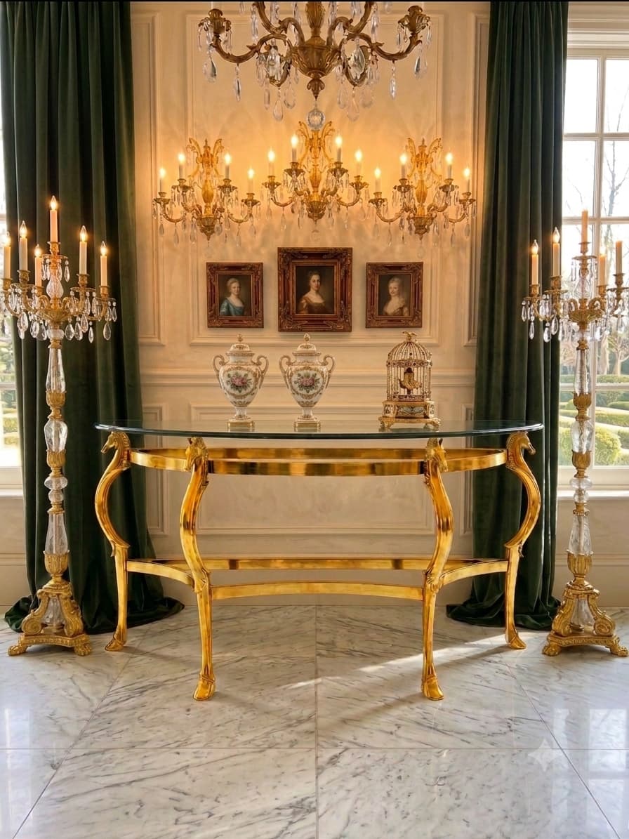 Hollywood Regency Polished Bronze Seahorse Demilune Italian Credenza 🌿🏛️🌿