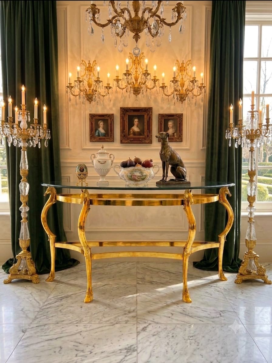 Hollywood Regency Polished Bronze Seahorse Demilune Italian Credenza 🌿🏛️🌿