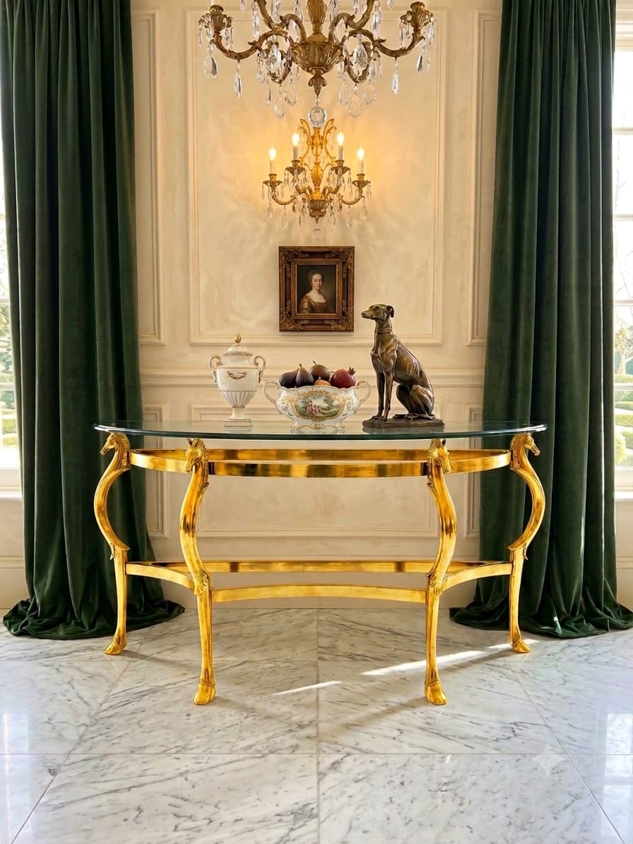 Hollywood Regency Polished Bronze Seahorse Demilune Italian Credenza 🌿🏛️🌿