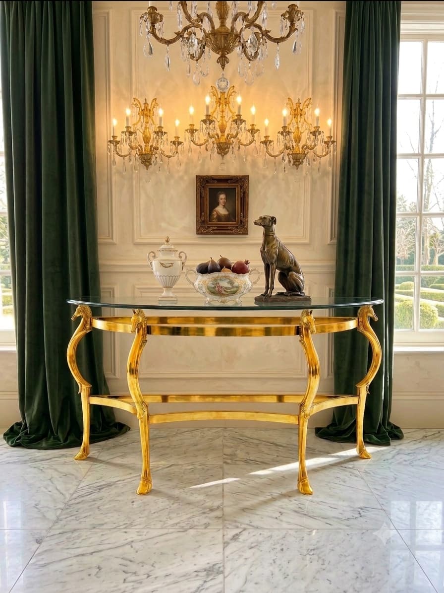 Hollywood Regency Polished Bronze Seahorse Demilune Italian Credenza 🌿🏛️🌿