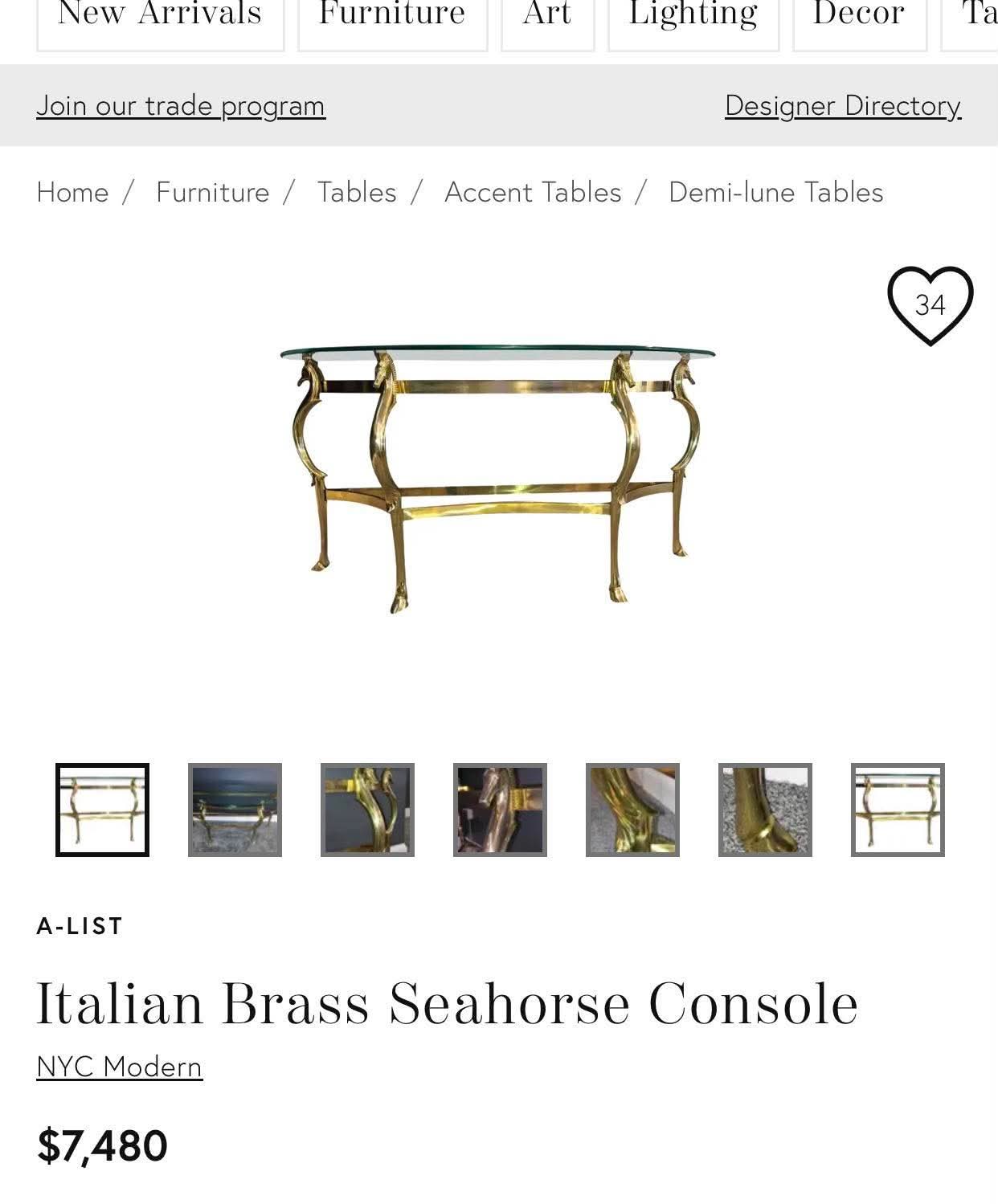 Hollywood Regency Polished Bronze Seahorse Demilune Italian Credenza 🌿🏛️🌿