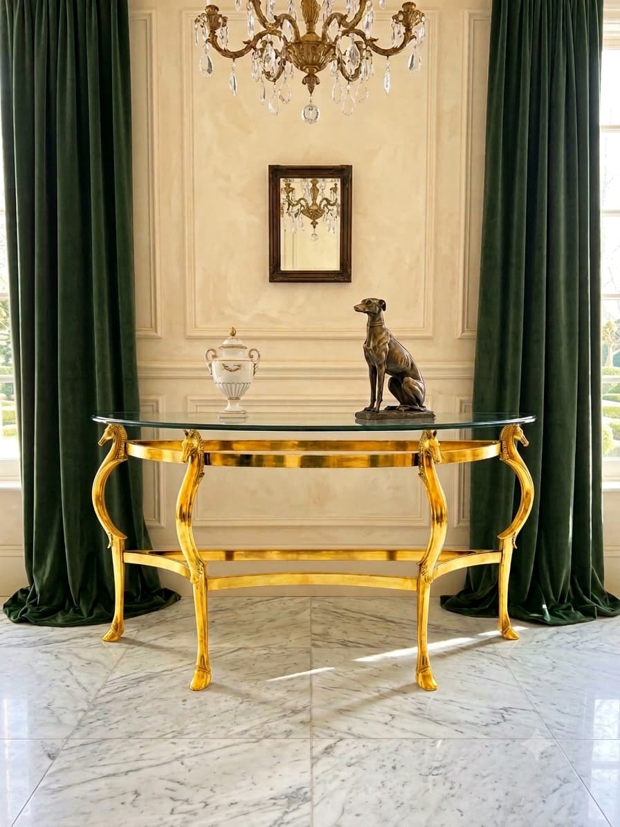 Hollywood Regency Polished Bronze Seahorse Demilune Italian Credenza 🌿🏛️🌿