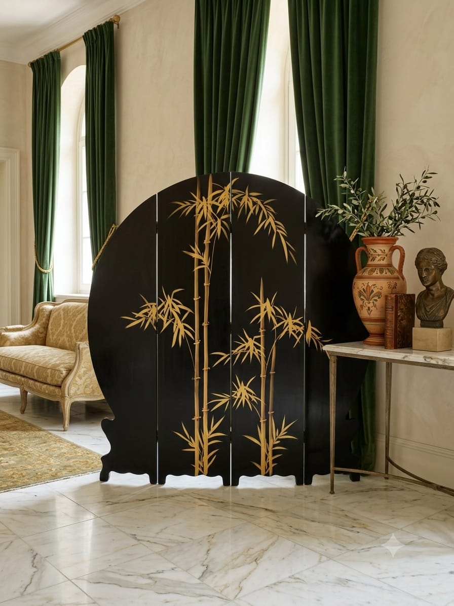 Biombo Oriental Mid-century de 4 Paneles Jardín Celestial🌿🌸🌿