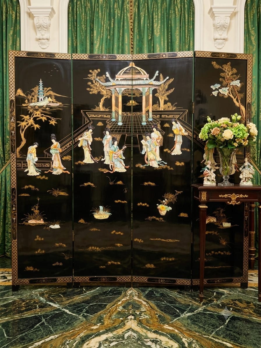 Biombo Ceremonial de 4 Paneles Esplendor Oriental en Laca y Oro🌿🌸🌿