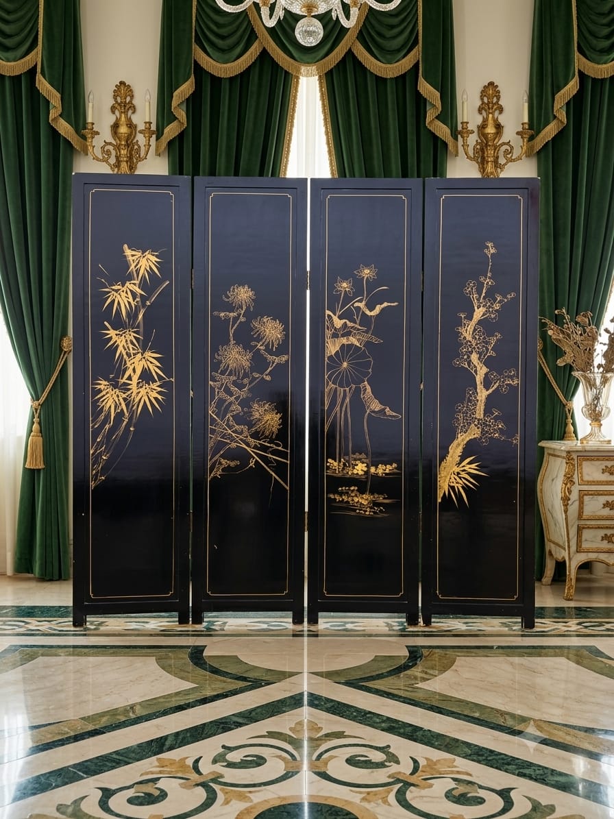 Biombo Ceremonial de 4 Paneles Esplendor Oriental en Laca y Oro🌿🌸🌿