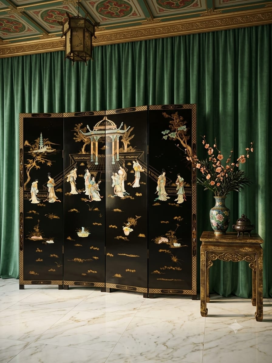 Biombo Ceremonial de 4 Paneles Esplendor Oriental en Laca y Oro🌿🌸🌿