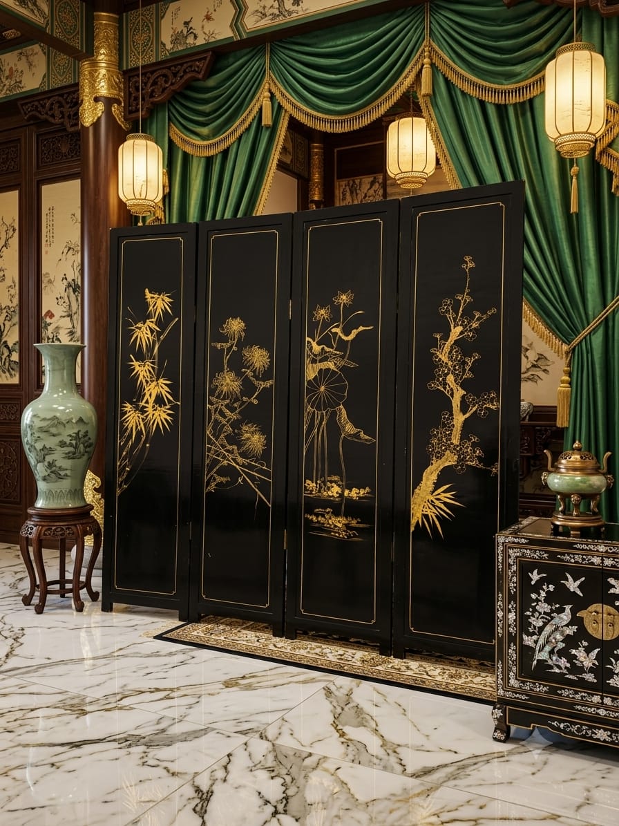 Biombo Ceremonial de 4 Paneles Esplendor Oriental en Laca y Oro🌿🌸🌿