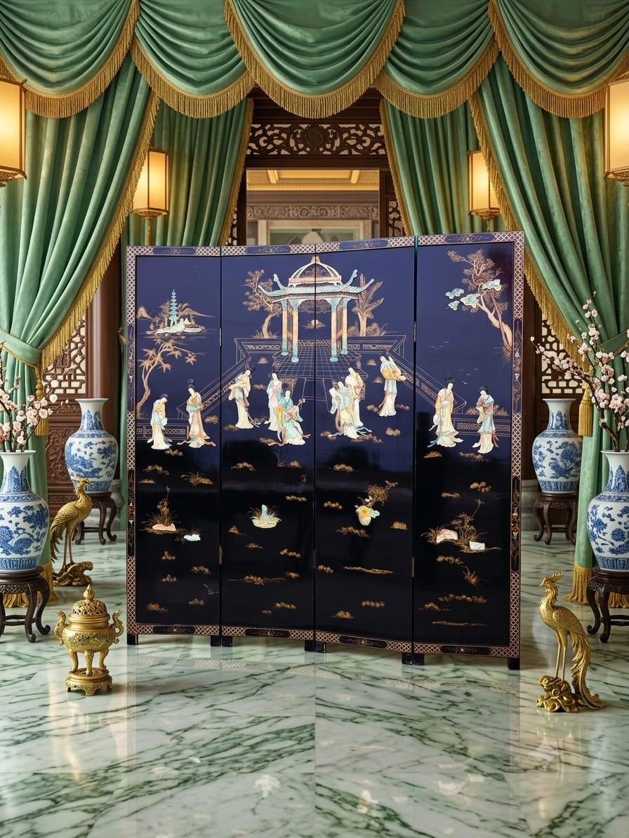Biombo Ceremonial de 4 Paneles Esplendor Oriental en Laca y Oro🌿🌸🌿