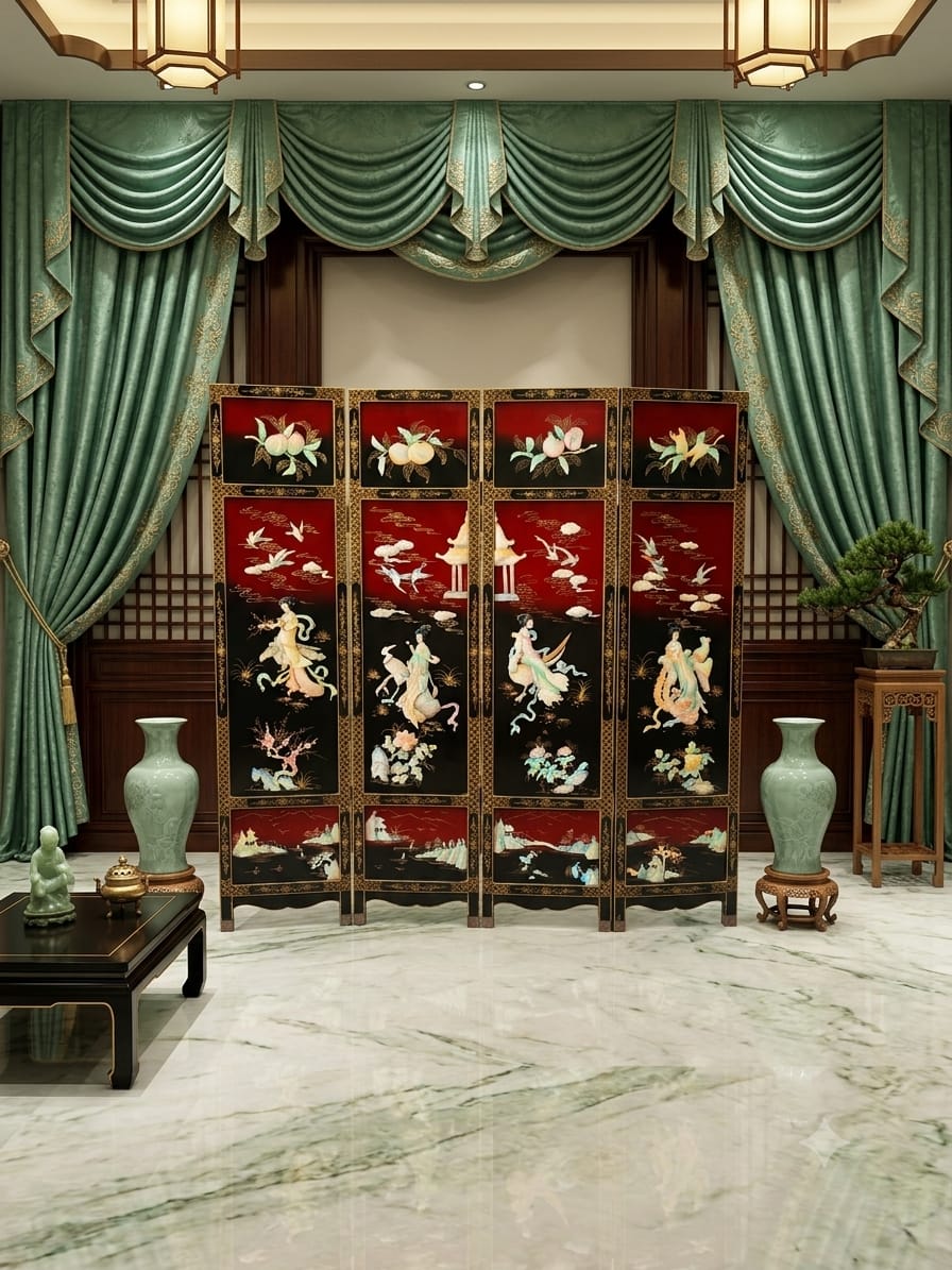Biobo Oriental de 4 Paneles - Reflejos de Oriente en Laca y Oro🌿🌸🌿