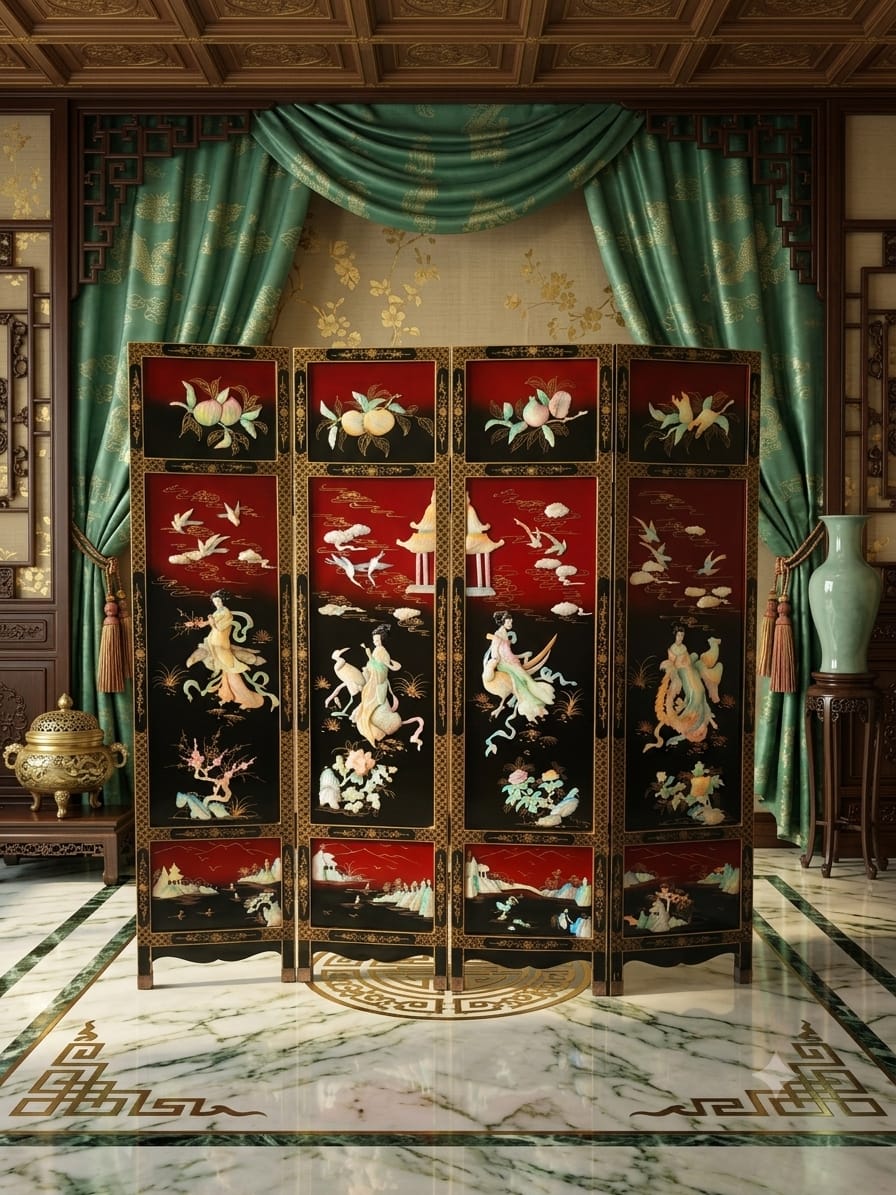 Biobo Oriental de 4 Paneles - Reflejos de Oriente en Laca y Oro🌿🌸🌿