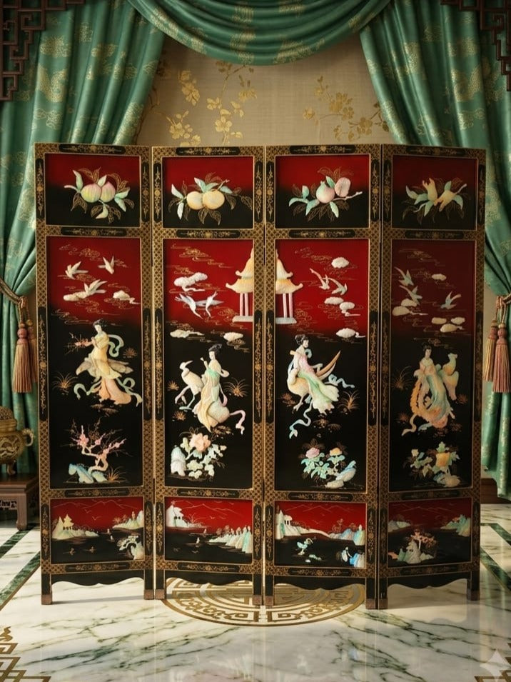 Biobo Oriental de 4 Paneles - Reflejos de Oriente en Laca y Oro🌿🌸🌿