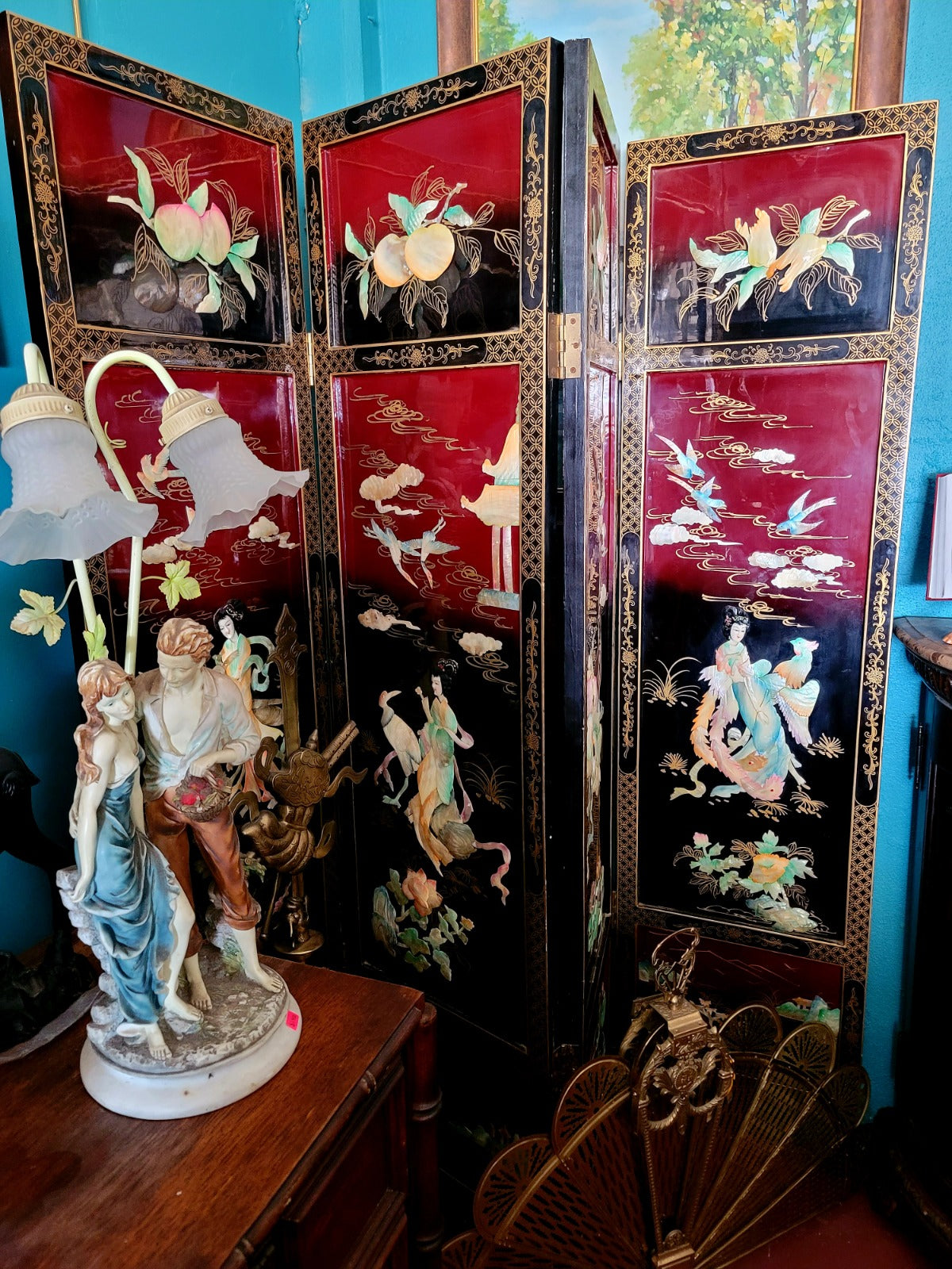 Biobo Oriental de 4 Paneles - Reflejos de Oriente en Laca y Oro🌿🌸🌿