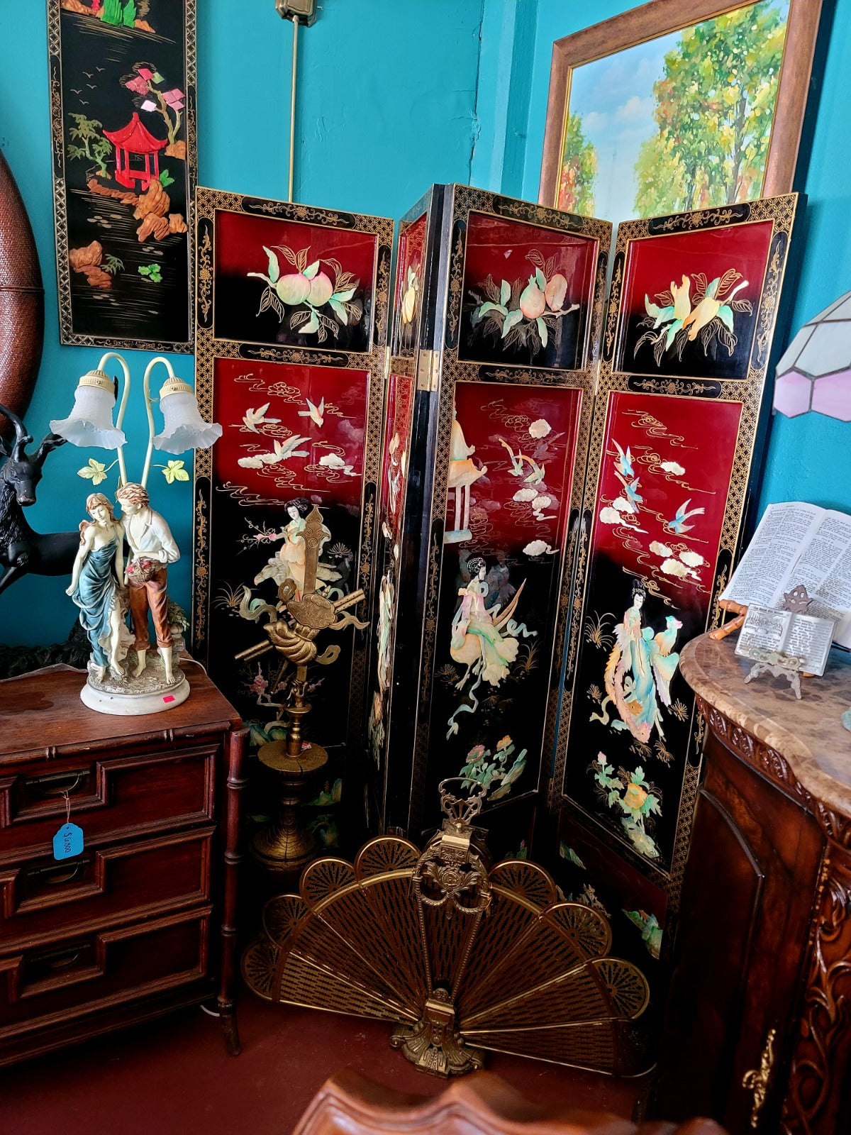 Biobo Oriental de 4 Paneles - Reflejos de Oriente en Laca y Oro🌿🌸🌿