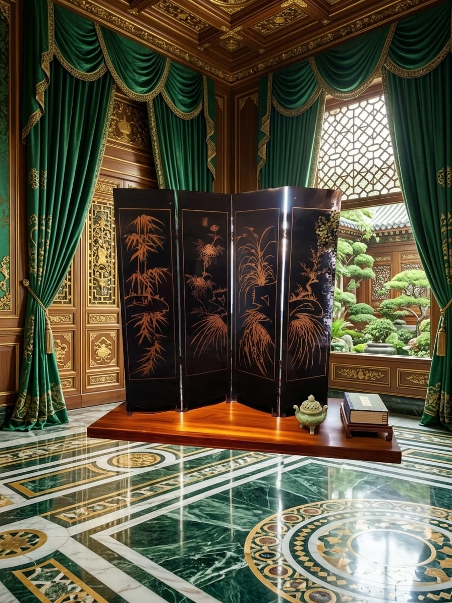 Biobo Oriental de 4 Paneles - Reflejos de Oriente en Laca y Oro🌿🌸🌿