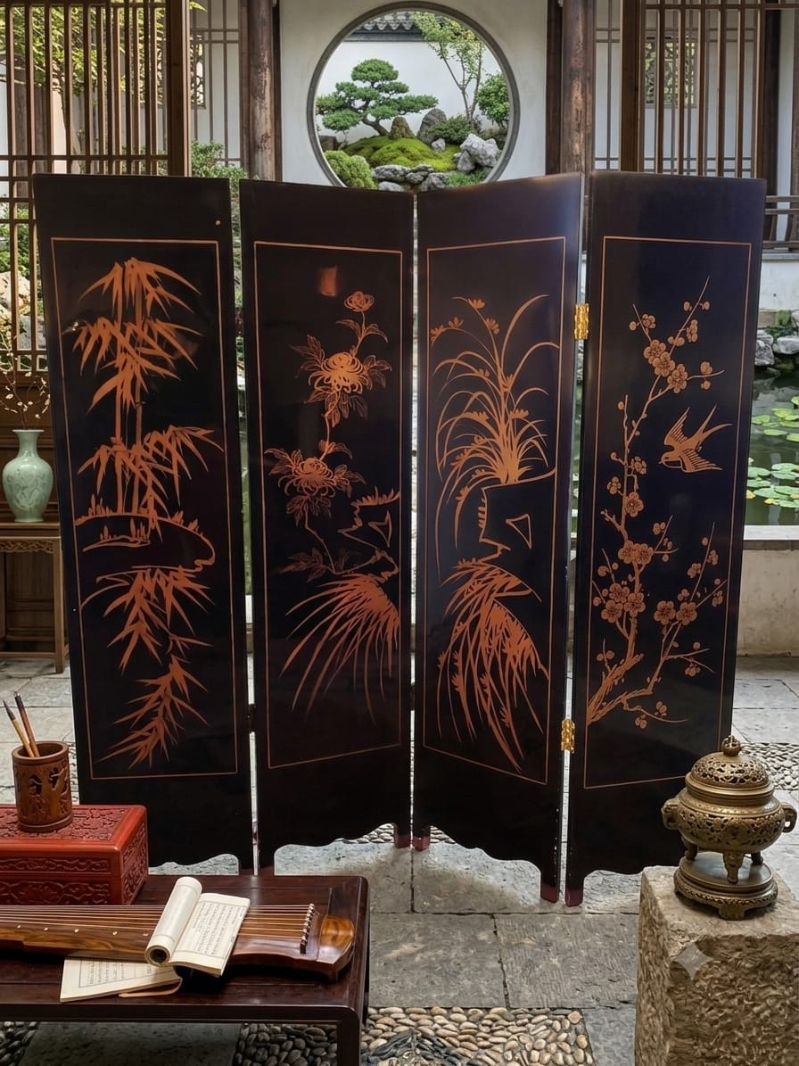 Biobo Oriental de 4 Paneles - Reflejos de Oriente en Laca y Oro🌿🌸🌿