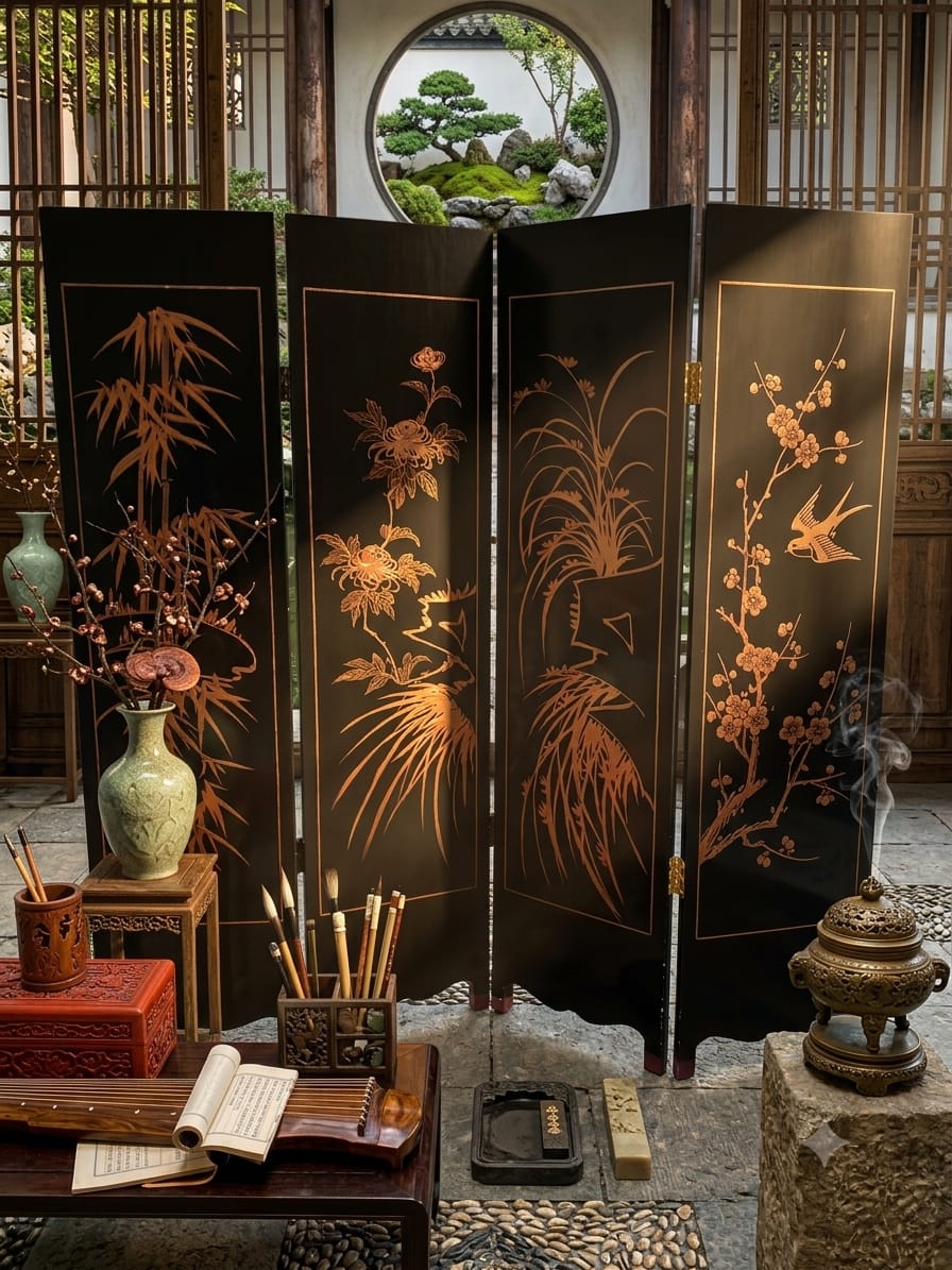 Biobo Oriental de 4 Paneles - Reflejos de Oriente en Laca y Oro🌿🌸🌿