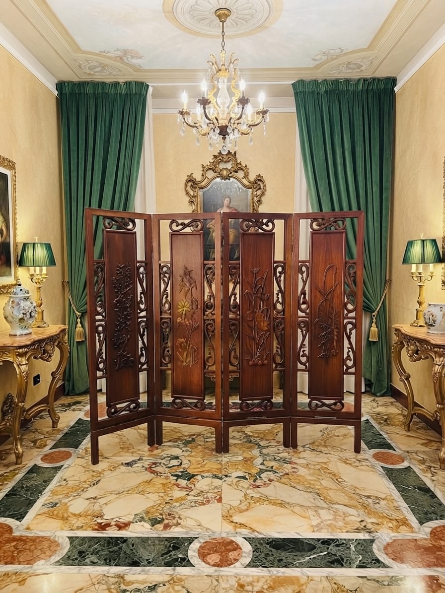 Biombo Oriental Con Detalles En Madera Tallada – Elegancia y Estilo en Rosarito Antiques ✨