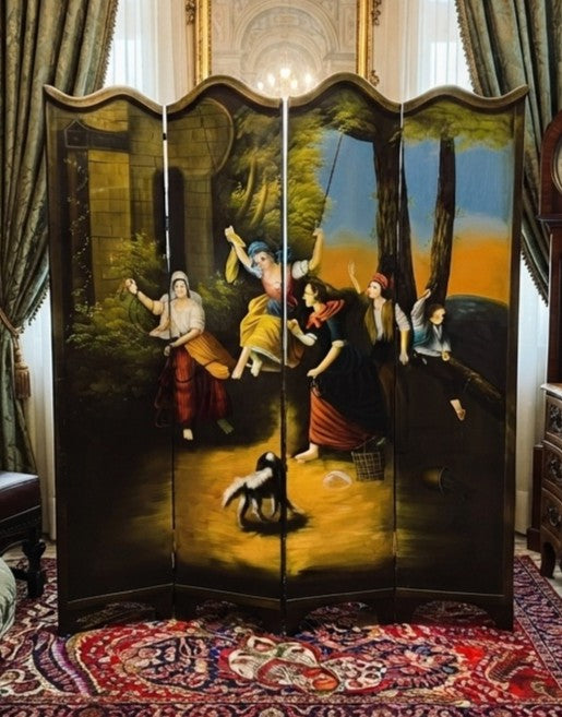 Hand-Painted Wooden Room Divider with Vintage Scene - Inspire Elegance 🖌️🎨