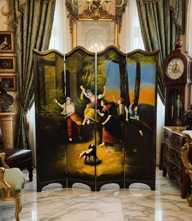 Hand-Painted Wooden Room Divider with Vintage Scene - Inspire Elegance 🖌️🎨
