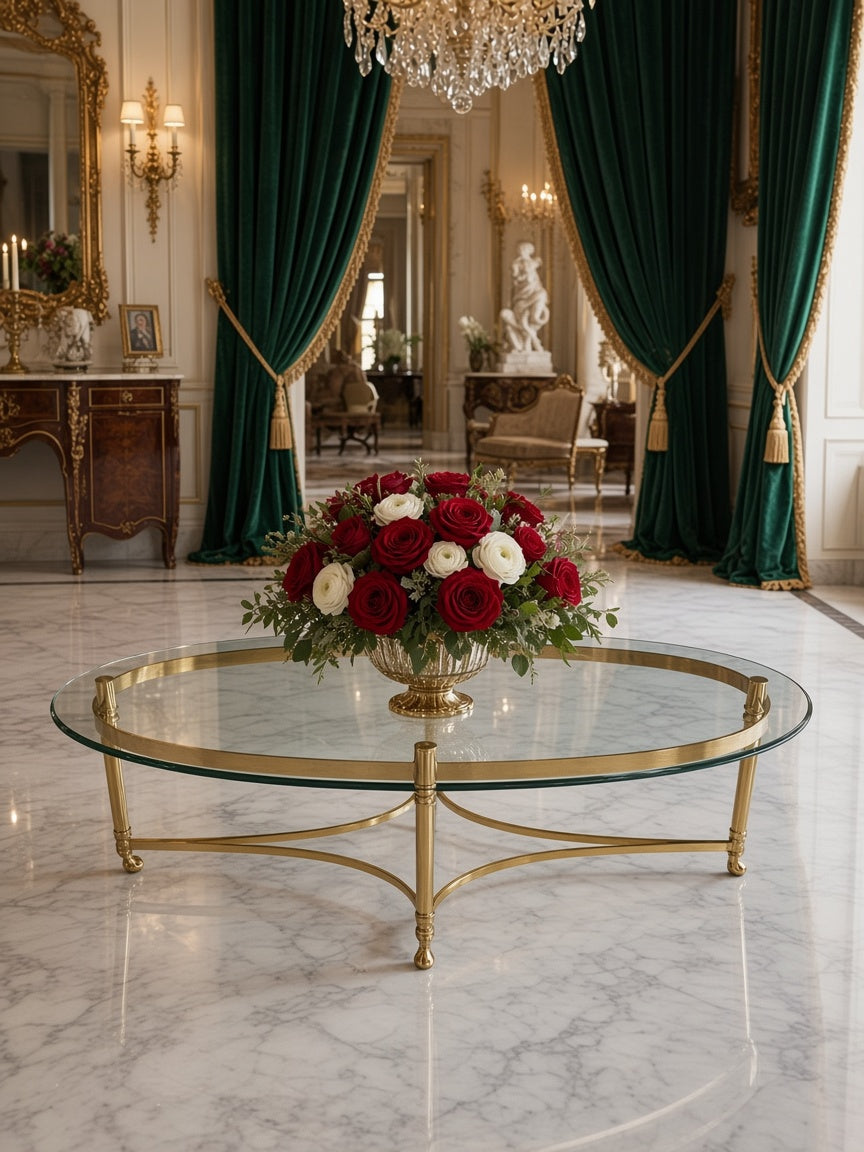 Italian-Made Oval Coffee Table in Glass and Gilded Bronze 🌿🏛️🌿