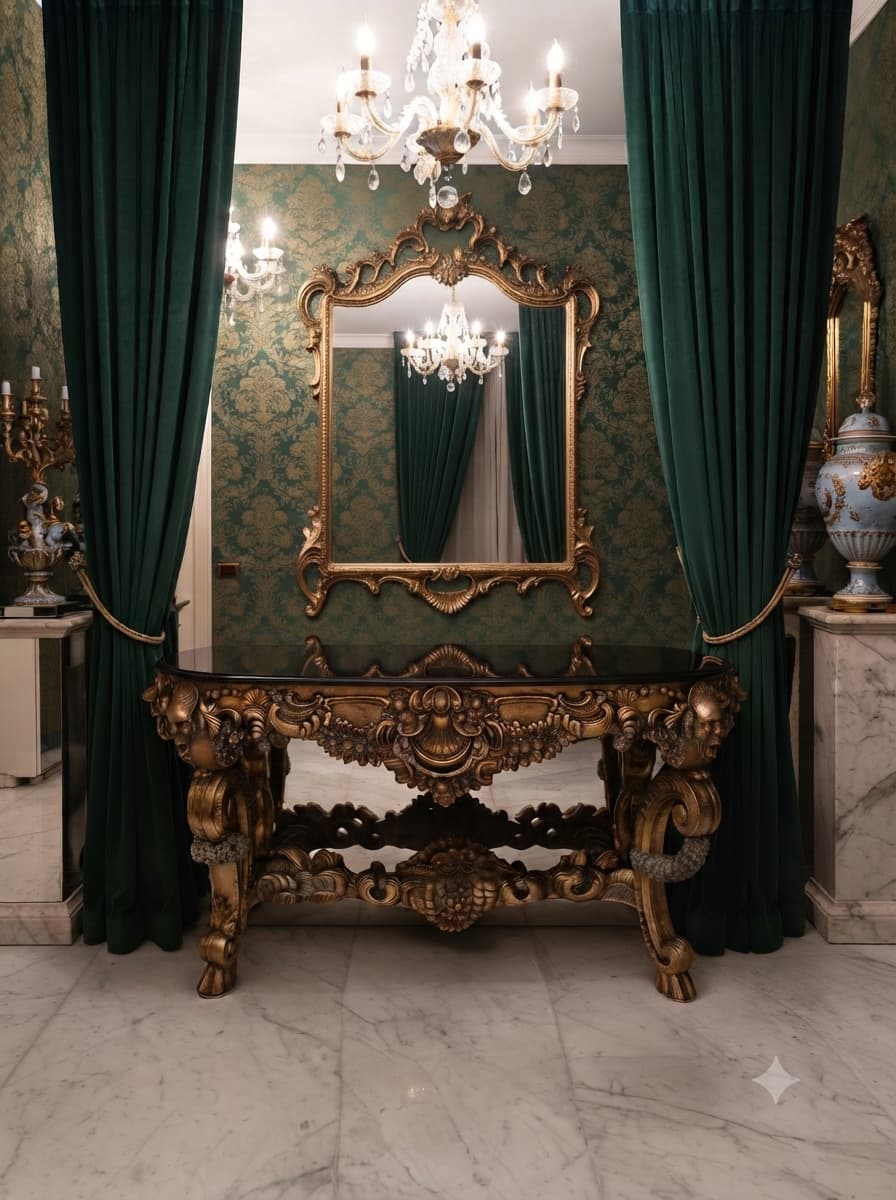 Credenza Tallada en Madera con Cubierta de Marmol Negro – Elegancia Barroca Atemporal 🏛️🌟