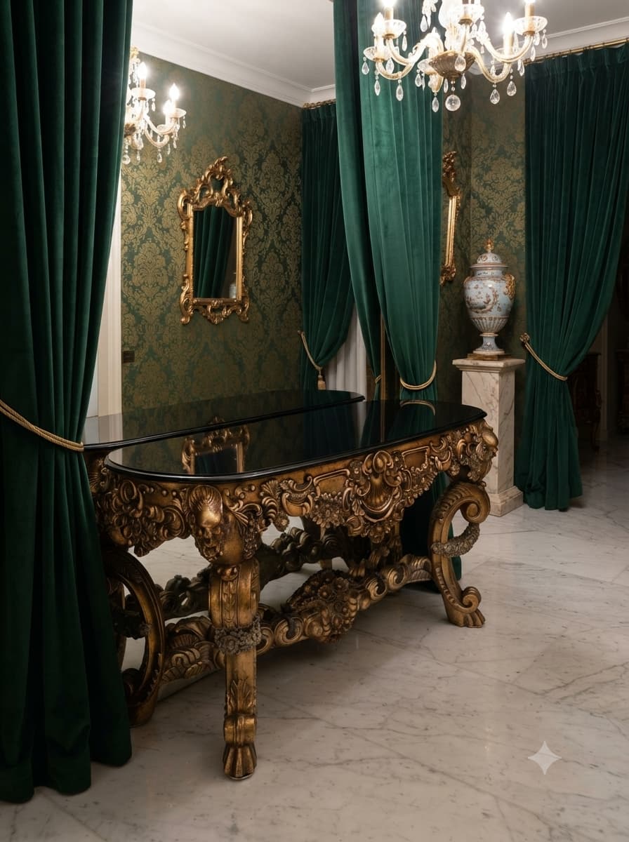 Credenza Tallada en Madera con Cubierta de Marmol Negro – Elegancia Barroca Atemporal 🏛️🌟