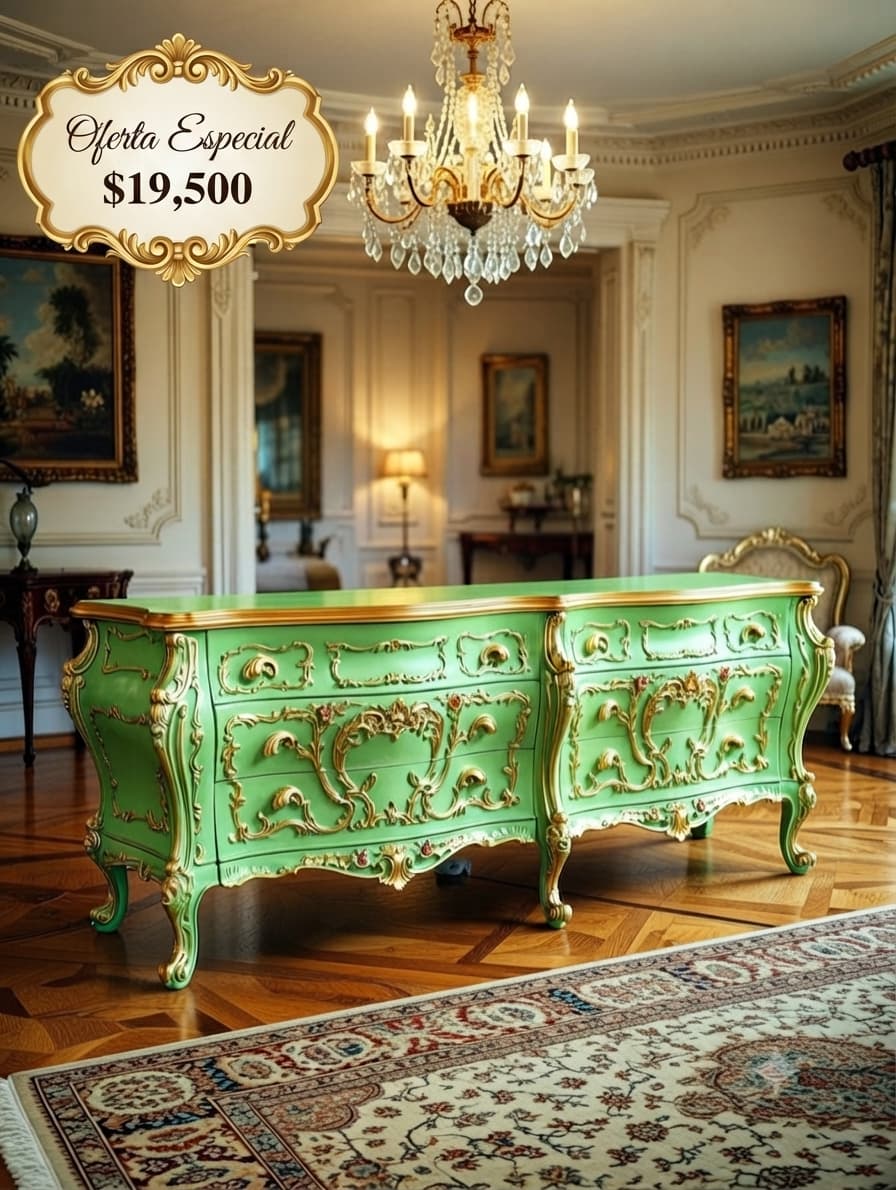 Comoda estilo Rococo, Color Pistachio, Con Tonos Color Dorado🌿