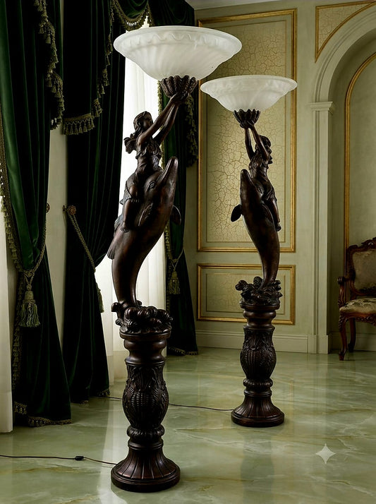 Tall Lamp with Pedestal, Dolphin and Woman Sculpture✨🐬 Available only at Rosarito Antiques!🛍️