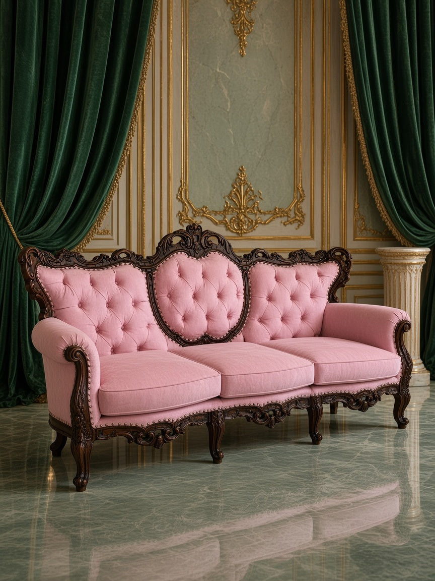 Espectacular Sala Victoriana de Lujo en Madera Tallada y Tapicería Capitoneada Rosa 🏛️