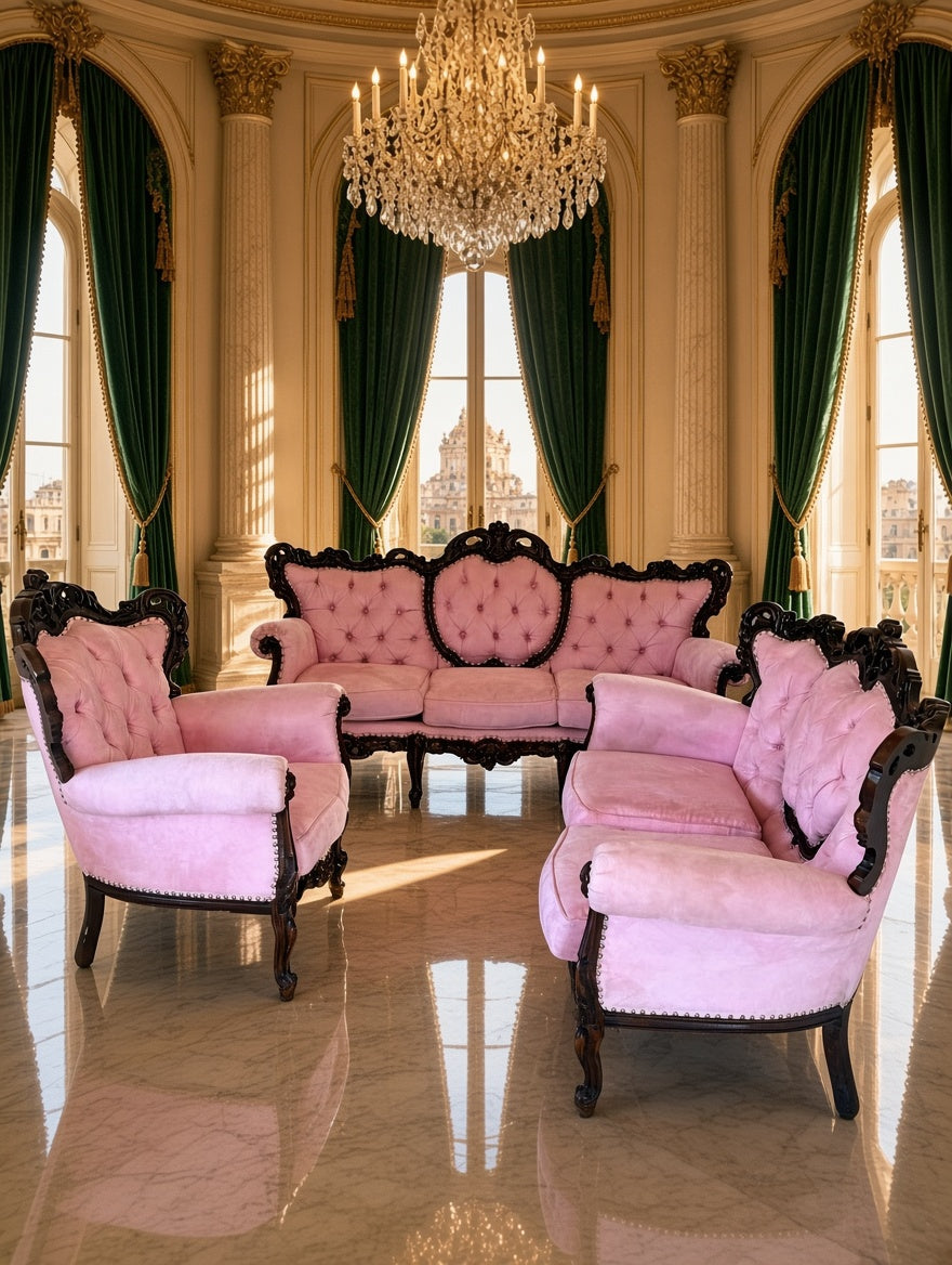 Espectacular Sala Victoriana de Lujo en Madera Tallada y Tapicería Capitoneada Rosa 🏛️