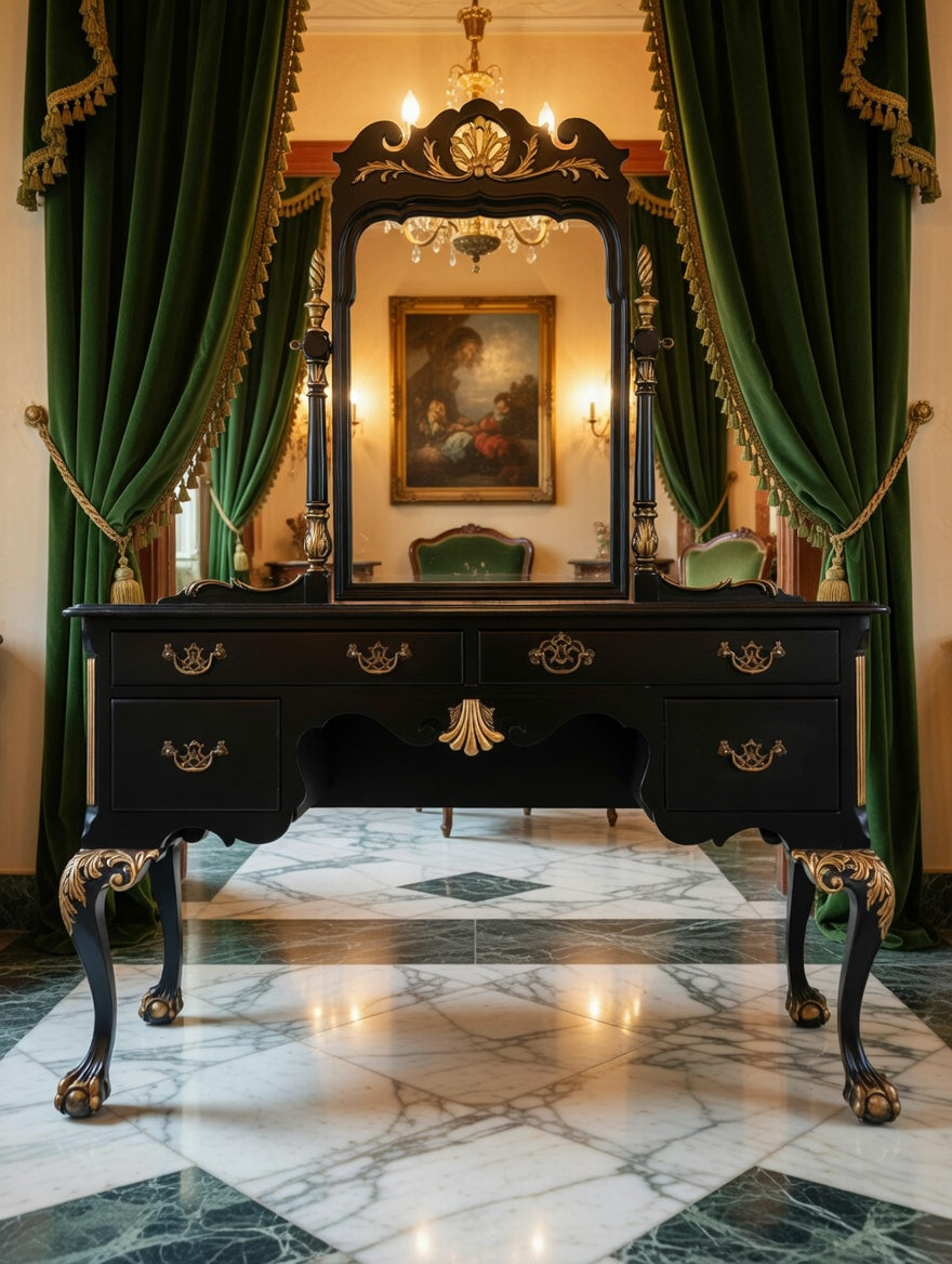 Tocador Chippendale – Negro con Detalles Dorados🌿