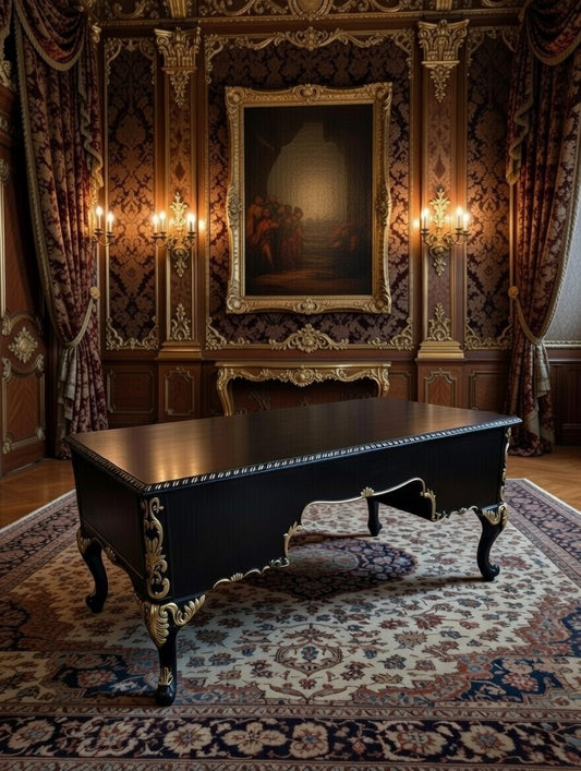 🌿🏛️⚜️ Classic Executive Desk in Black with Gold Details ⚜️🏛️🌿