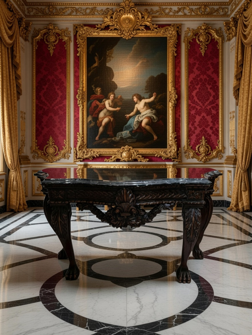 🖤 Credenza Tallada en Madera con Cubierta de Acabado Negro Distinguido 🪞🏛️✨