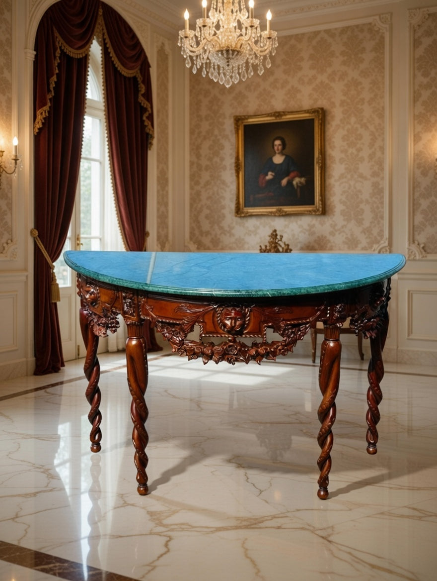 🏛️ Credenza Antigua de 1920 Tallada a Mano con Marmol Verde 🌿🦁🪨