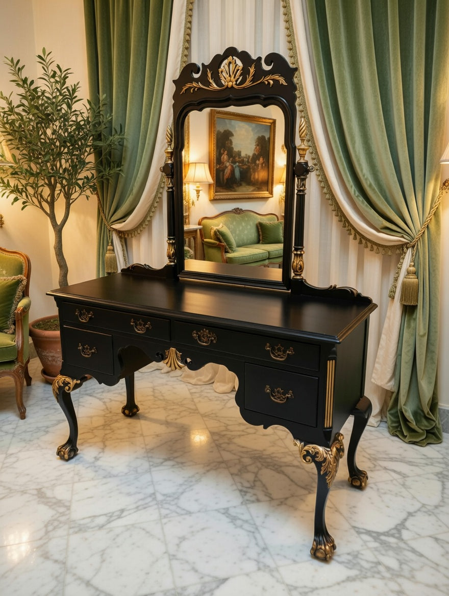 Tocador Chippendale – Negro con Detalles Dorados🌿