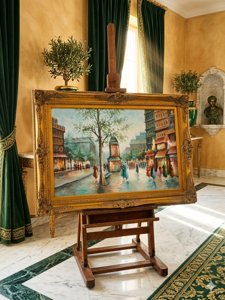 Cuadro al Oleo con Marco Ornamental – Escena Urbana Atemporal 🖼️🖌️🎨