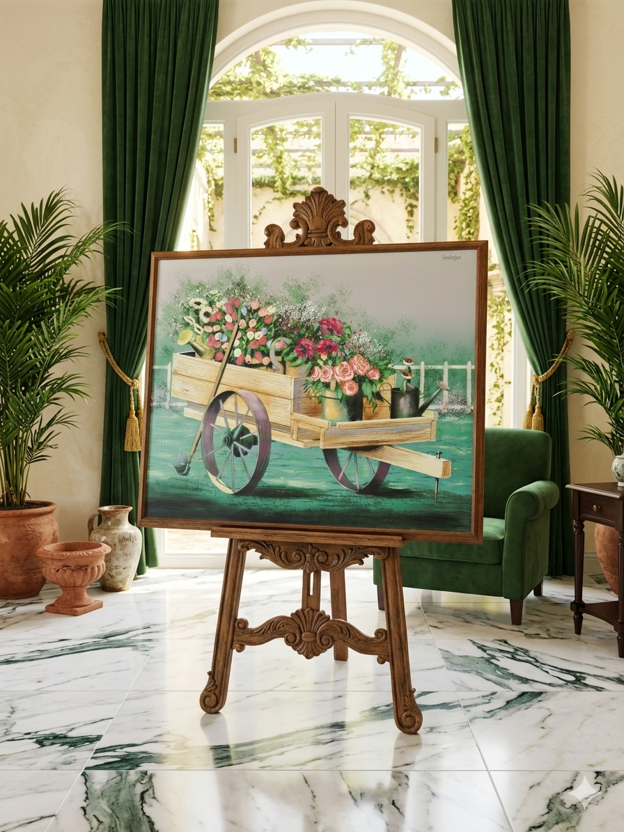 Cuadro al Oleo Firmado – Escena Floral con Carreta Campestre 🌸🌿🖌️