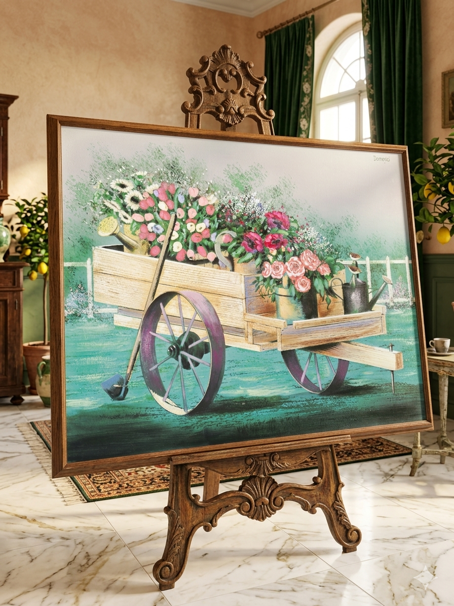 Cuadro al Oleo Firmado – Escena Floral con Carreta Campestre 🌸🌿🖌️