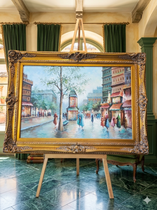 Cuadro al Oleo con Marco Ornamental – Escena Urbana Atemporal 🖼️🖌️🎨