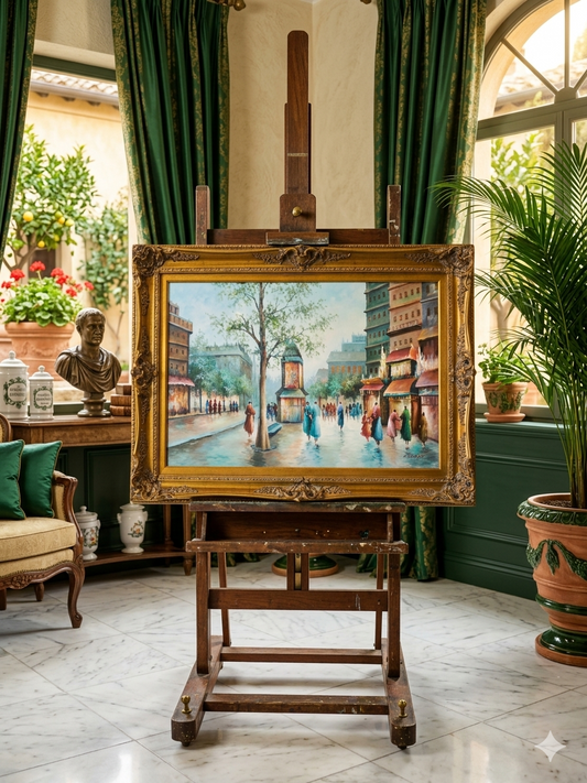 Cuadro al Oleo con Marco Ornamental – Escena Urbana Atemporal 🖼️🖌️🎨