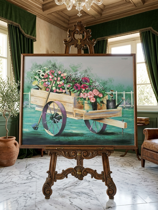 Cuadro al Oleo Firmado – Escena Floral con Carreta Campestre 🌸🌿🖌️