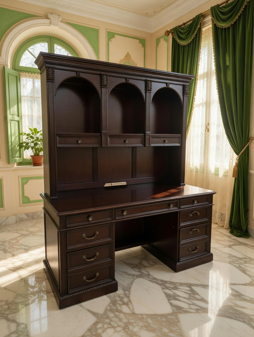 🏛️ Escritorio Ejecutivo Wynwood con Hutch de Madera Oscura Color Cereza – Rosarito Antiques 🪞🕰️🌿