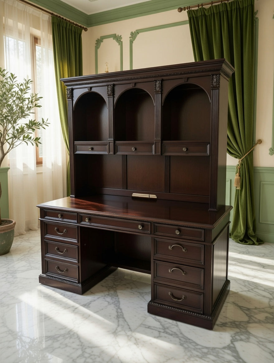 🏛️ Escritorio Ejecutivo Wynwood con Hutch de Madera Oscura Color Cereza – Rosarito Antiques 🪞🕰️🌿