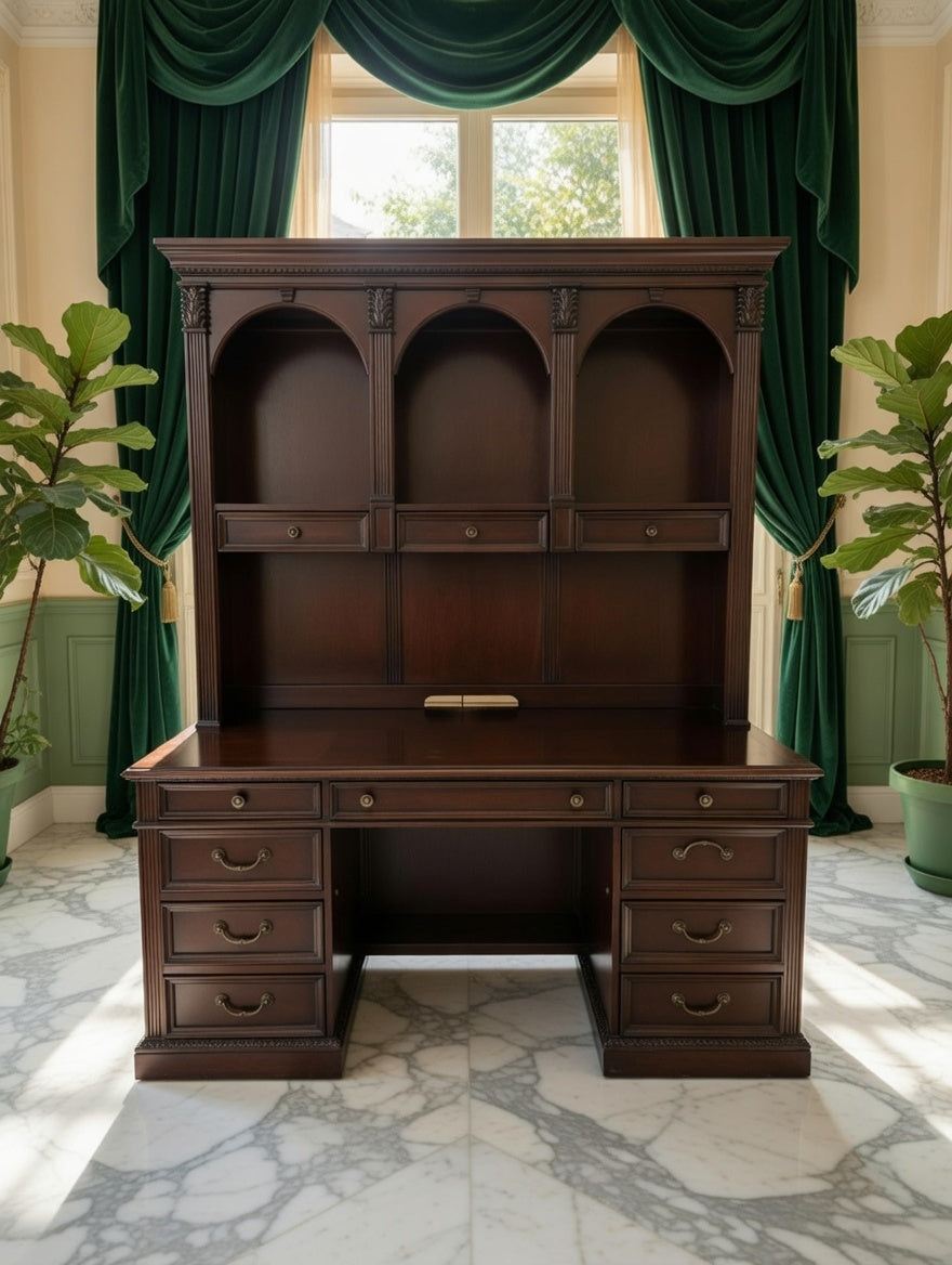 🏛️ Escritorio Ejecutivo Wynwood con Hutch de Madera Oscura Color Cereza – Rosarito Antiques 🪞🕰️🌿