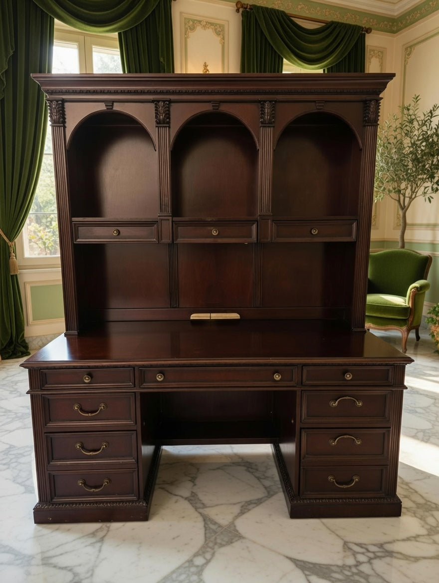 🏛️ Escritorio Ejecutivo Wynwood con Hutch de Madera Oscura Color Cereza – Rosarito Antiques 🪞🕰️🌿