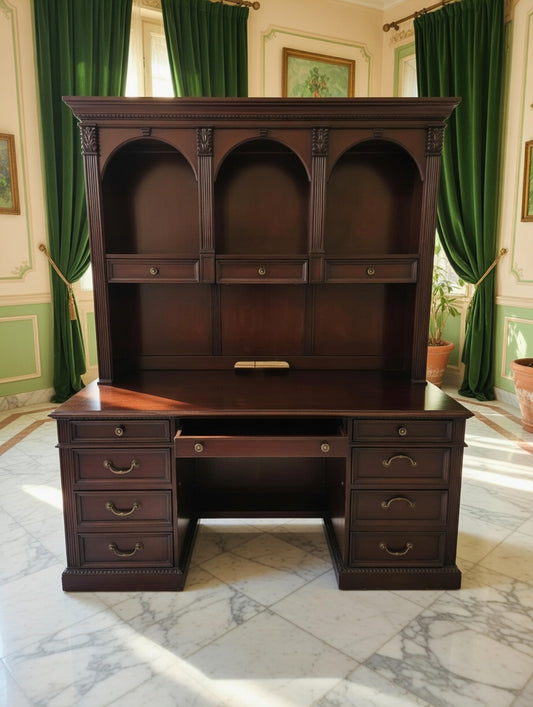🏛️ Escritorio Ejecutivo Wynwood con Hutch de Madera Oscura Color Cereza – Rosarito Antiques 🪞🕰️🌿
