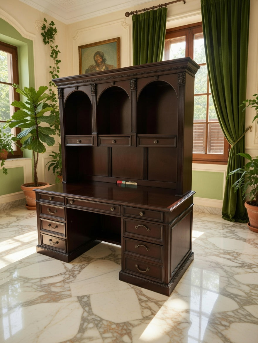 🏛️ Escritorio Ejecutivo Wynwood con Hutch de Madera Oscura Color Cereza – Rosarito Antiques 🪞🕰️🌿